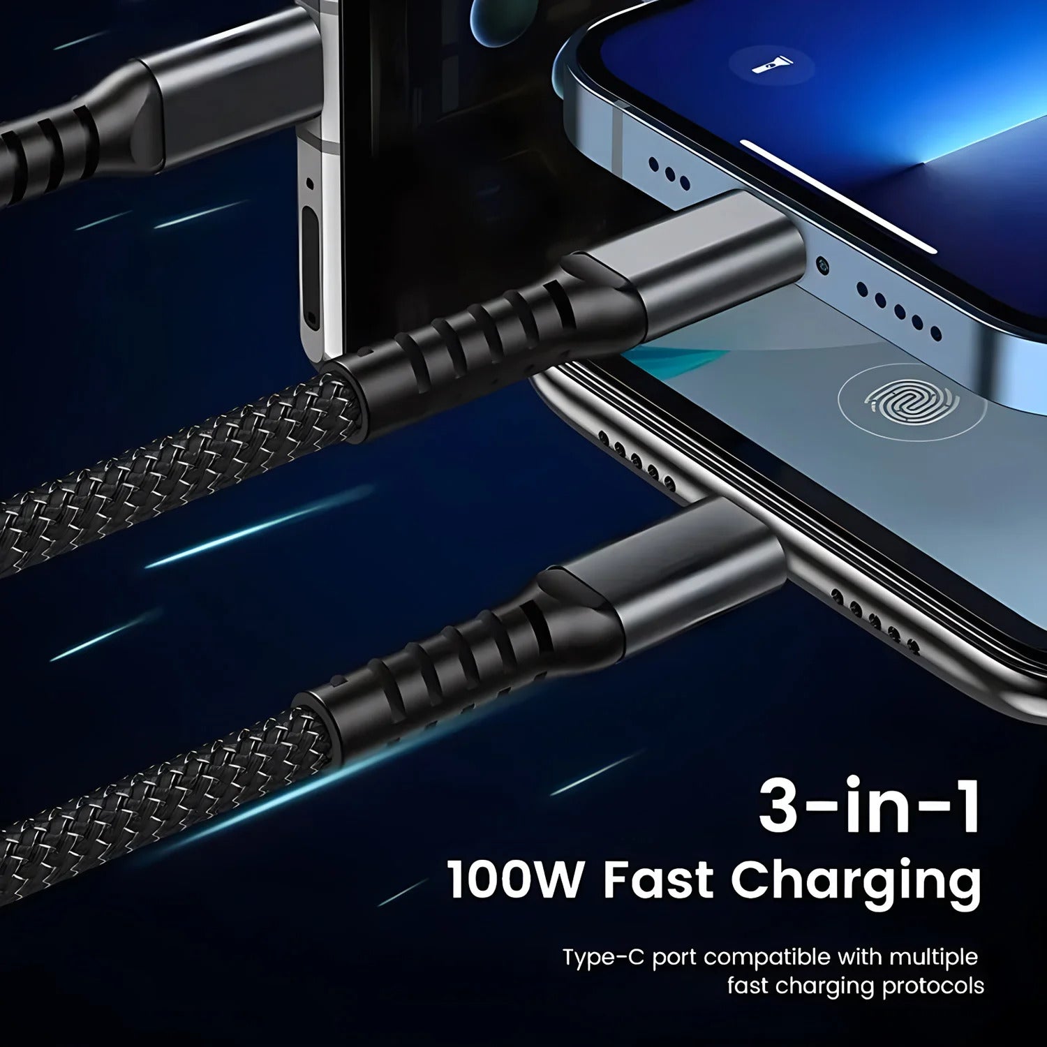 3-in-1 100W Transparent Luminous Fast Charging Cable — USB-C, Lightning & Micro USB