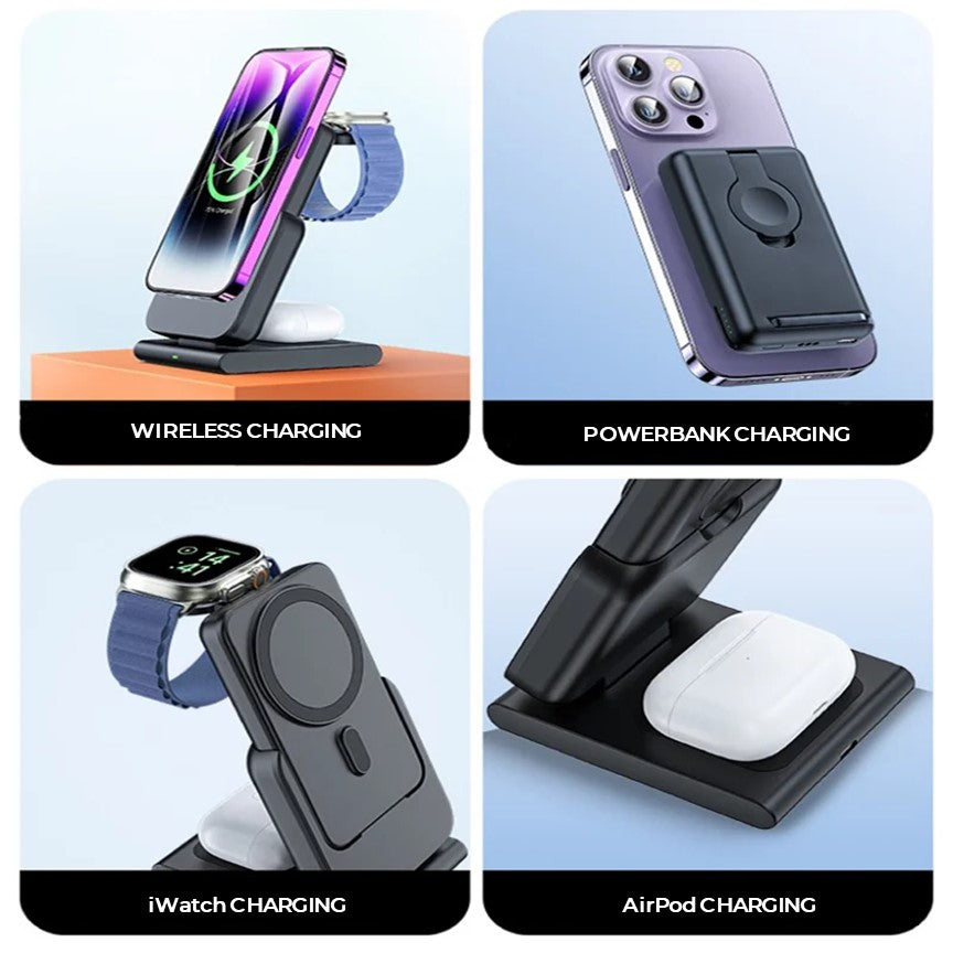 MagSafe Foldable Wireless Charger with Detachable Power Bank – All-in-One Charging for iPhone, Watch & AirPods