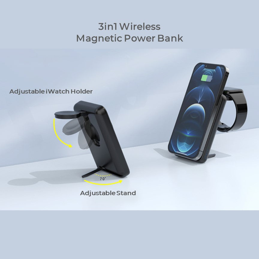 MagSafe Foldable Wireless Charger with Detachable Power Bank – All-in-One Charging for iPhone, Watch & AirPods
