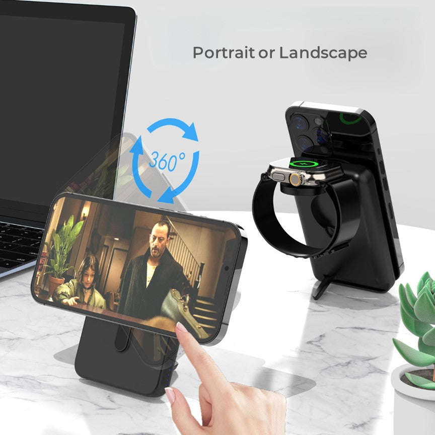 MagSafe Foldable Wireless Charger with Detachable Power Bank – All-in-One Charging for iPhone, Watch & AirPods