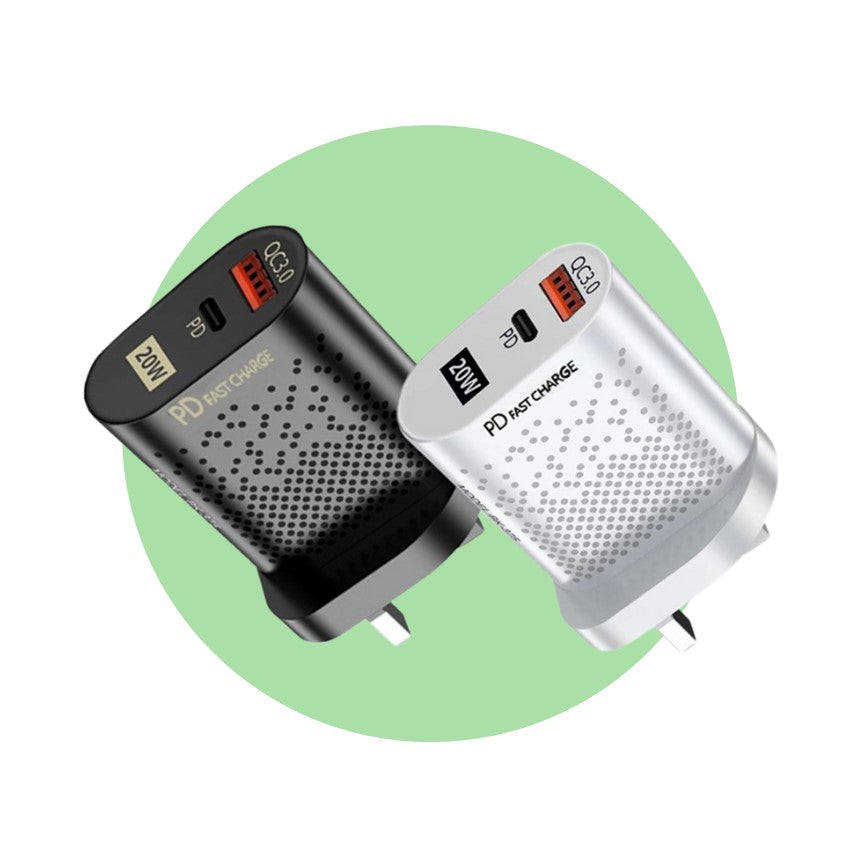 20W Dual-Port Fast Charger – USB-C PD & USB-A | QC 3.0 Wall Plug
