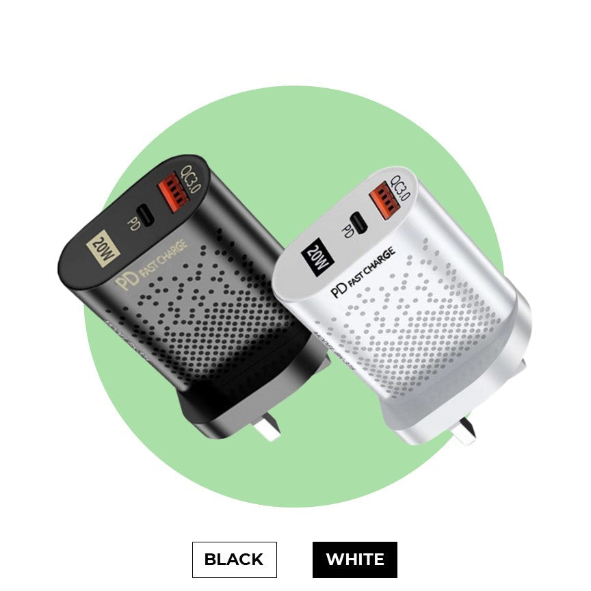 20W Dual-Port Fast Charger – USB-C PD & USB-A | QC 3.0 Wall Plug