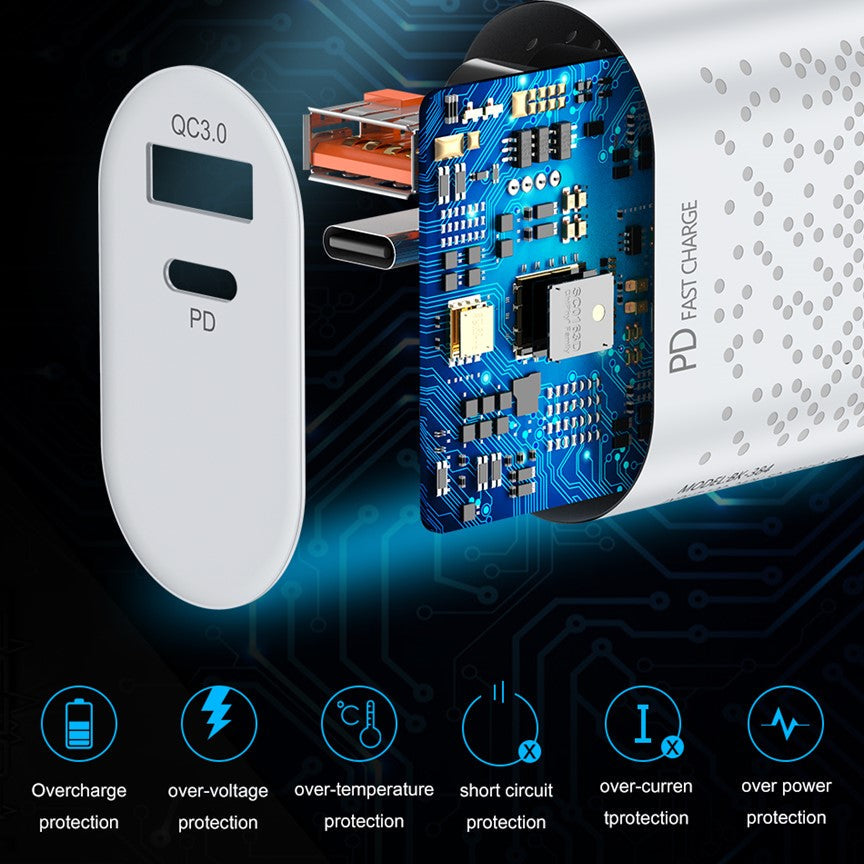 20W Dual-Port Fast Charger – USB-C PD & USB-A | QC 3.0 Wall Plug