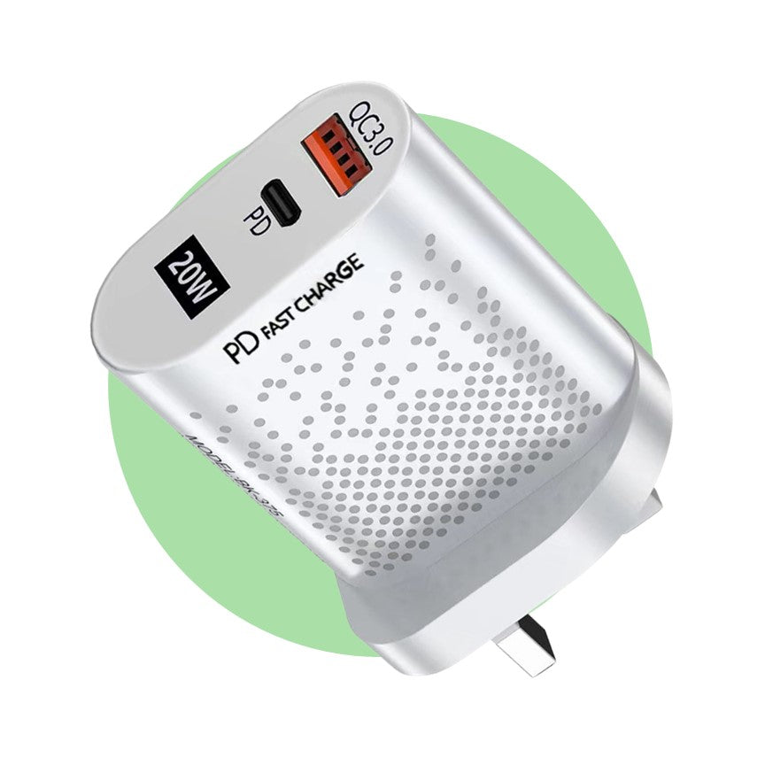 20W Dual-Port Fast Charger – USB-C PD & USB-A | QC 3.0 Wall Plug