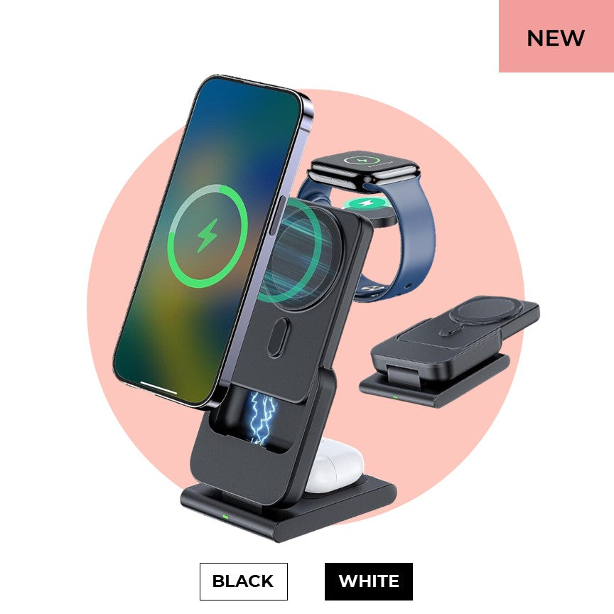 MagSafe Foldable Wireless Charger with Detachable Power Bank – All-in-One Charging for iPhone, Watch & AirPods