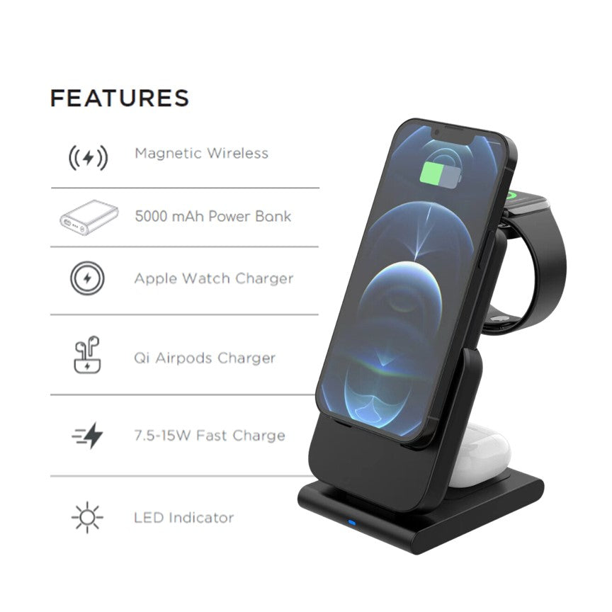 MagSafe Foldable Wireless Charger with Detachable Power Bank – All-in-One Charging for iPhone, Watch & AirPods