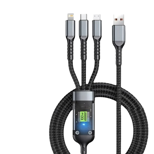 3-in-1 100W Transparent Luminous Fast Charging Cable — USB-C, Lightning & Micro USB