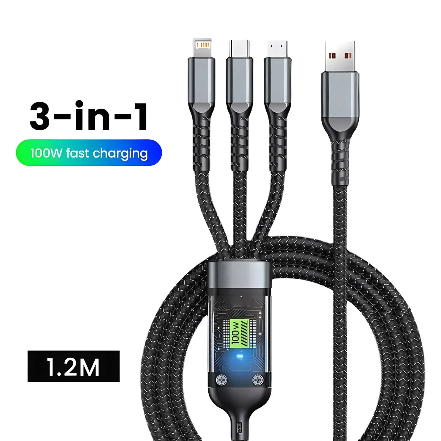 3-in-1 100W Transparent Luminous Fast Charging Cable — USB-C, Lightning & Micro USB